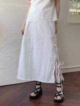 サイドリボンストラップ サイドリボンナイロンロングスカート /Loding side ribbon strap side-slit nylon long skirt