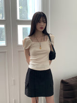 レクトリブドパフスクエアネック半袖Tシャツ / Recto Ribbed Puff Square Neck Short Sleeve T-shirt