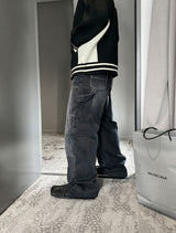 No.0372 double knee black denim wide PT