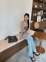 Belted light blue bootcut denim pants