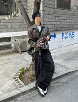 スナップワイドブラックデニムパンツ
