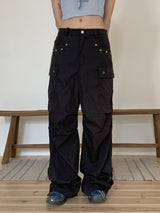 レッチアイレットナイロンポケットカーゴロングワイドパンツ/Retch Eyelet Nylon Pocket Cargo Long Wide Pants