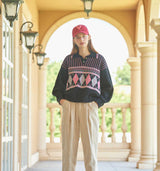 Argyle Knit Pullover (Black) (6643497828470)