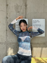 Denim see-through long sleeve top