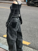 ユニークカッティングライングランジワイドデニムパンツ