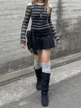 エスニックショルダースリットストライプTシャツ / Ethnic Shoulder Slit Stripe Tee
