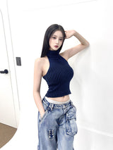 1033. Two tone halter pola knit top (2color)