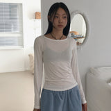 ポリンフリースベーシック無地レイヤードスリムUネック長袖Tシャツ