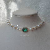 エメラルドスクエアパールチョーカーネックレス / Emerald Square Pearl Choker Necklace