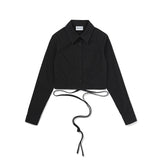 Crop Lace-Up Ribbon Shirt [BLACK] (6618554859638)