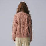V-NECK CABLE KNIT PULLOVER, APRICOT