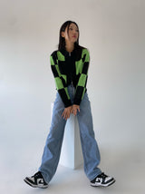 グリーンチェックニットジップアップ/green check knit zip-up