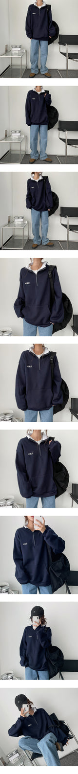 Fleece-Lining Clean Embroidery Color Half Zip-Up Sweatshirt