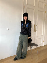 Pale hip lettering washed wide denim pants