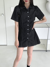 ウェディーンデニムステッチシャツ半袖ミニワンピース / Wadeen Denim Stitch Shirt Short Sleeve Mini One Piece