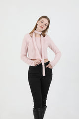 Square Neck Fur Knit T-shirt Muffler Set Pink