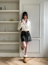 Kime collar fur ribbon string long sleeve cardigan