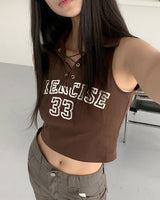 プリント アイレット コルセット カラー ブラウン クロップドスリーブレス/Sez Printing Eyelet Corset Collar Brown Cropped Sleeveless