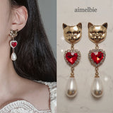 メルビーザキャットシリーズ - エメラルドスクエアアンドパールピアス / Melbie The Cat Series - Emerald Square and Pearls Piercing