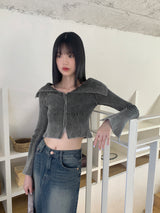 グラデーションツートーンオフショルダーVネック2wayロングスリーブニットウェアジップアップ