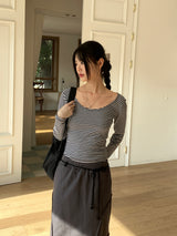 TL Striped Deep U-Neck Long Sleeve T-Shirt