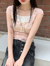 リワンピンクシースルーレースリボンスクエア半袖Tシャツ / Liwan Pink See-through Lace Ribbon Square Short Sleeve T-shirt
