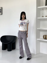 アンサーウサギプリント配色バインディングクロップ半袖Tシャツ/Answer Rabbit Print Color Matching Binding Cropped Short Sleeve T-shirt