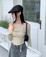 [スケープセット] ケニンシャーリングプリーツオフショルダークロップ長袖Tシャツ