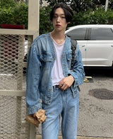 カラーレスブーツカットデニムパンツ/Collarless bootcut denim