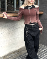 grunge washing off-shoulder crop two-way zip-up