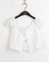 Poppy Vintage Lace Puff String Cropped Short Sleeve Blouse