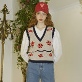 Flower Pattern Merino Wool Knit Vest (Red) (6681247875190)