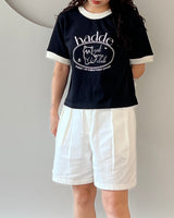 キャットビンテージピンクプリントセミクロップTシャツ / CAT VINTAGE DRAWING PINK PRINTING SEMI CROP T-SHIRTS BLACK