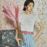 シャーリング トップ レイヤード Tシャツ / [LINE] Shirring Top Layered T-Shirt (Ivory)