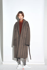 STRIPE COMBINATION WOOL ROBE COAT (Brown) / ストライプコンビネーションウールローブコート