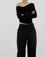 2ウェイボートネックシャーリングTシャツ / Two-way boat neck shirring t-shirt (2color)