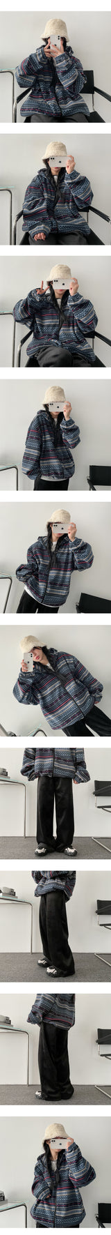 Thick irregular pattern string fleece hood zip-up jumper