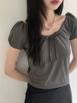 Kelle ribbon shirring mesh air puff cropped short-sleeved T-shirt