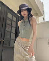 ヘンタ Y2K ホルターネックカラーツーウェイデニムクロップドベストジップアップ / Henta Y2K Halterneck Collar Two-Way Denim Cropped Vest Zip-Up
