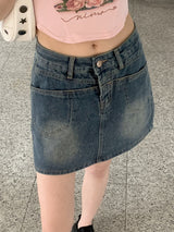 ケロスリットストレートポケットデニムミニスカート / Kelo Slit Straight Pocket Denim Mini Skirt
