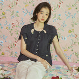 フラワー ラップ スリーブ ブラウス / [LINE] Flower Wrap Sleeve Blouse (Navy)