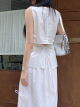 リボン ノースリーブ ベスト ブラウス/ Betin Back-slit Ribbon Sleeveless Vest Blouse