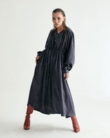 V-NECK CREASE SHIRRING ONEPIECE - DARK GRAY (6635995660406)