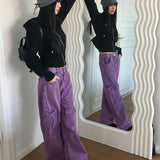 Kui パープルピグメントカーゴバックバンディングロングワイドデニムパンツ
