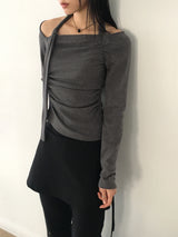 ペンネ 起毛ストラップシャーリングスクエアネックTシャツ