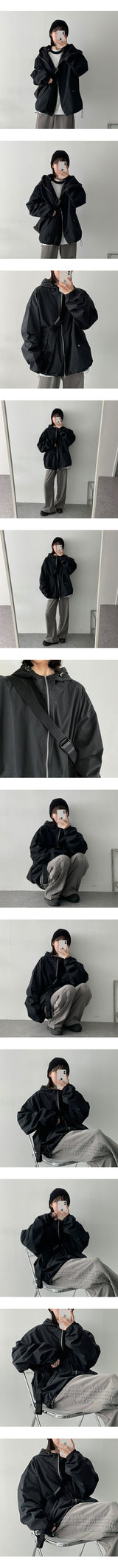 カーリングストリングハイネックウィンドブレーカーフードジップアップ / Couring String High-Neck Windbreaker Hooded Zip-Up