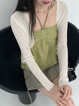 リーミングサマーシースルーワンボタンクロップ長袖カーディガン【6色】/[6 colors] Leoming summer see-through one-button cropped long-sleeved