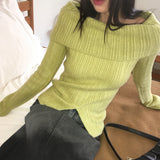 リボンオフショルダーリブスリットニット