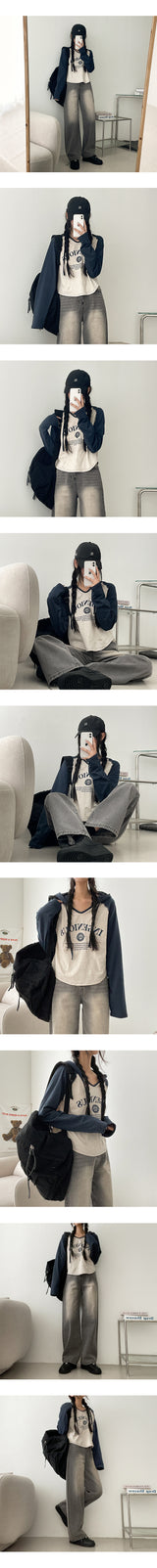 Lone washing side banding denim wide pants