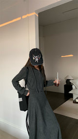 Charcoal hooded zip-up one-piece set